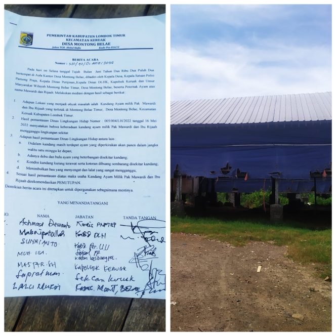 
 Foto, Surat kesepakatan untuk melakukan penutupan kandang ayam yang ada di wilayah desa montong belae, namun hingga saat ini pemerintah belum melakukan penutupan dengan alasan yang tidak jelas