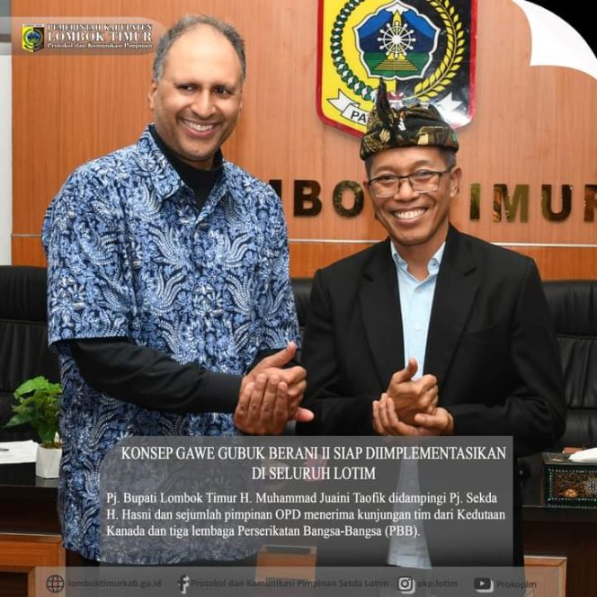 
 Foto : Pj. Bupati Lombok Timur H. Muhammad Juaini Taofik didampingi Pj. Sekda H. Hasni dan sejumlah pimpinan OPD menerima kunjungan tim dari Kedutaan Kanada dan tiga lembaga Perserikatan Bangsa-Bangsa (PBB)