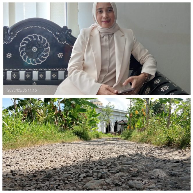
 Foto : Wakil Ketua DPRD Lombok Timur Nurhasanah dan Jalan Dusun Gerisak Pendem desa Bungtiang salah satu jalan yang akan diperbaiki tahun ini.