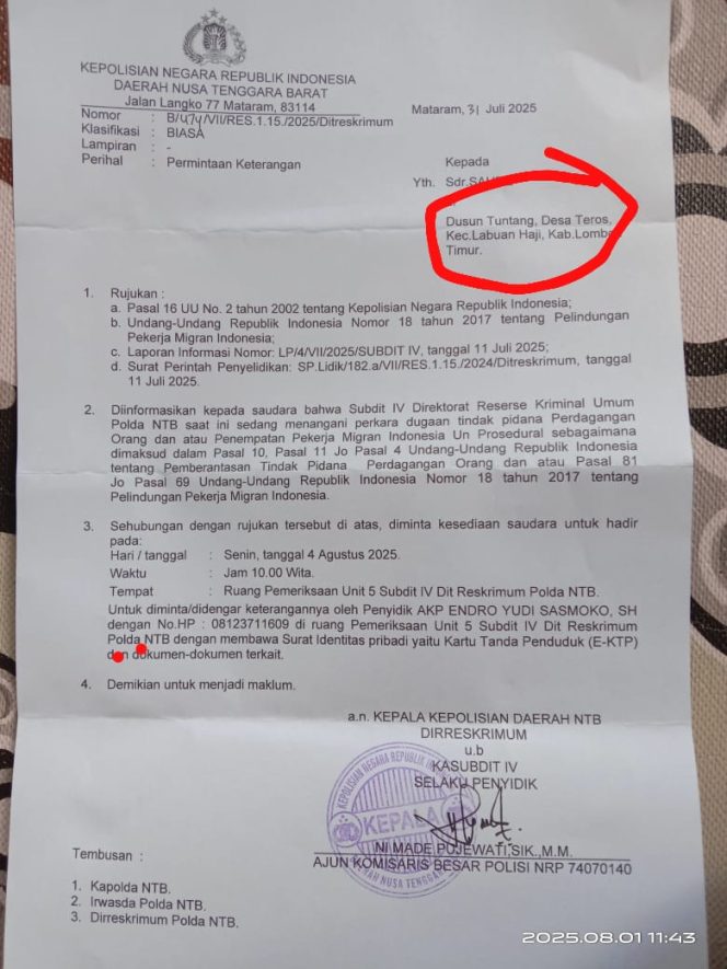 
 Ingin Tindak Tegas TPPO, Dirreskrimum Polda NTB Diduga Salah Alamat Kirim Surat Panggilan