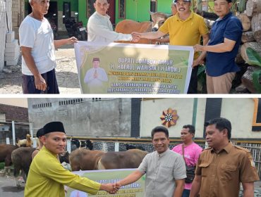 Foto: Kepala dinas pendidikan dan kebudayaan lombok timur M Nurul Wathoni menyerahkan Sapi Kurban Bupati Lombok Timur H Haerul Warisin di masjid Tangar desa Sukarara kecamatan Sakra Barat ( 27/05)