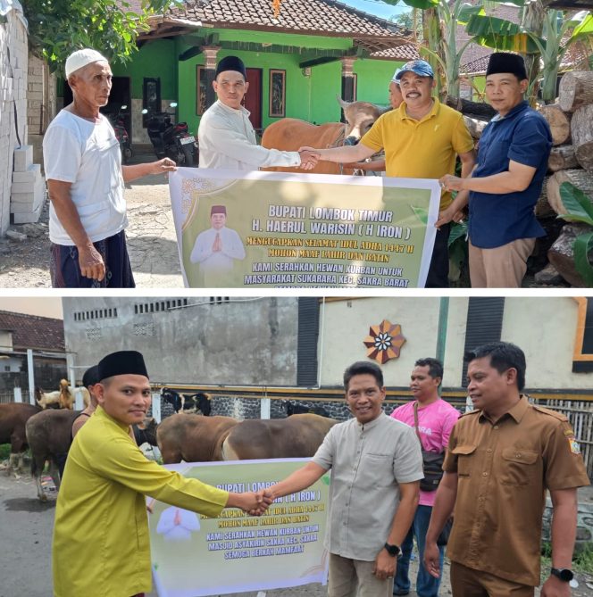 
 Foto: Kepala dinas pendidikan dan kebudayaan lombok timur M Nurul Wathoni menyerahkan Sapi Kurban Bupati Lombok Timur H Haerul Warisin di masjid Tangar desa Sukarara kecamatan Sakra Barat ( 27/05)